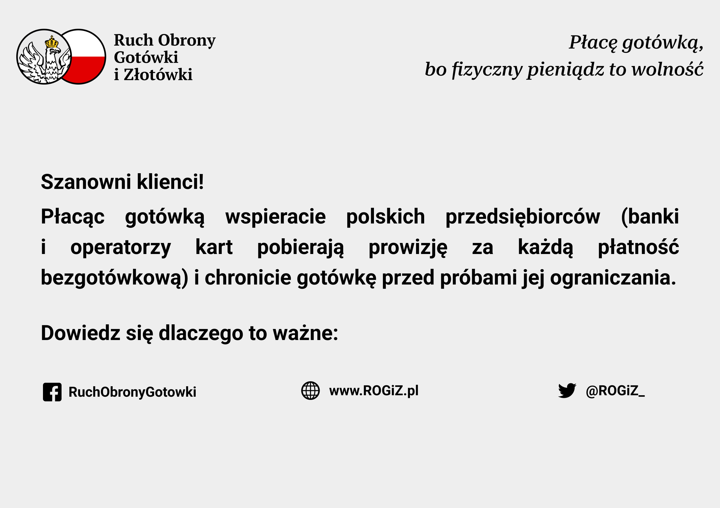 Ulotka dla sprzedawców i usługodawców - Ruch Obrony Gotówki i Złotówki - Płacę gotówką, bo fizyczny pieniądz to wolność