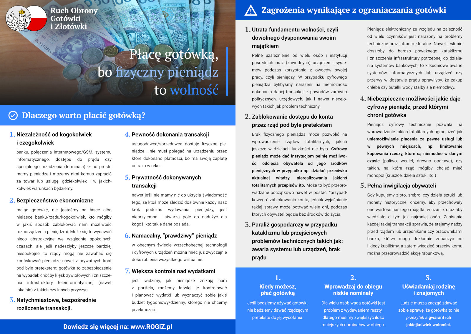 Ulotka - Ruch Obrony Gotówki i Złotówki - Płacę gotówką, bo fizyczny pieniądz to wolność